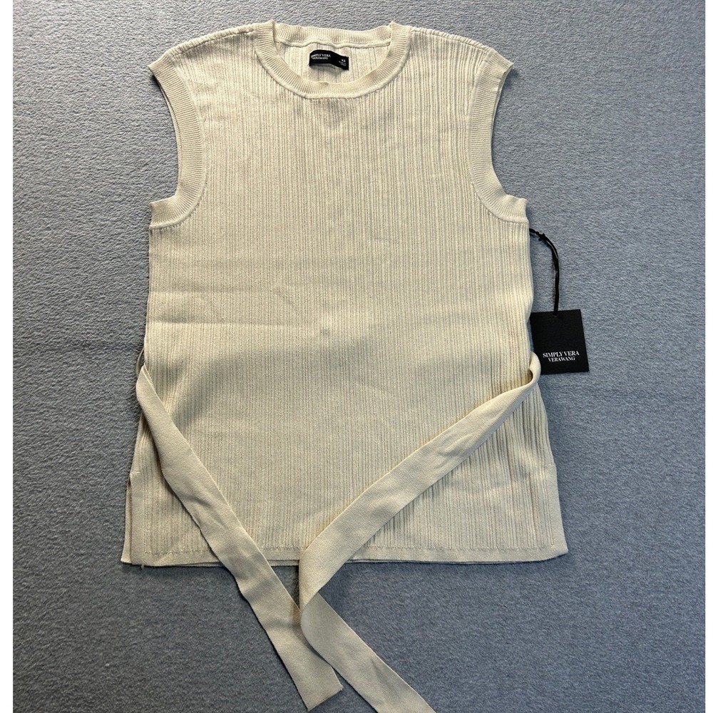Simply Vera Vera Wang Ribbed Knit Sleeveless Sweater Womens XS Ivory Tie Top